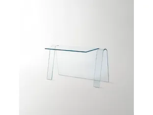 Scrittoio Folio ottenuto da un’unica lastra di cristallo trasparente extralight curvato di Glas Italia