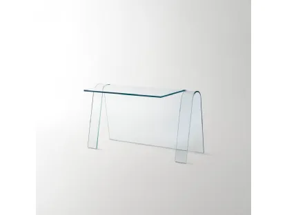 Scrittoio Folio ottenuto da un’unica lastra di cristallo trasparente extralight curvato di Glas Italia