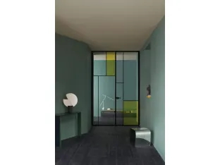 Porta per interni a battente Sherazade Double Swing Slim Jambs Patchwork in vetro con telaio in alluminio di Glas Italia