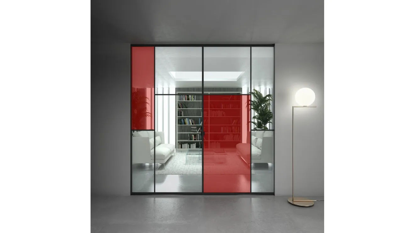 Porta per interni ad ante scorrrevoli Sherazade Pocket Patchwork in vetro trasparente e colorato con telaio in alluminio di Glas Italia