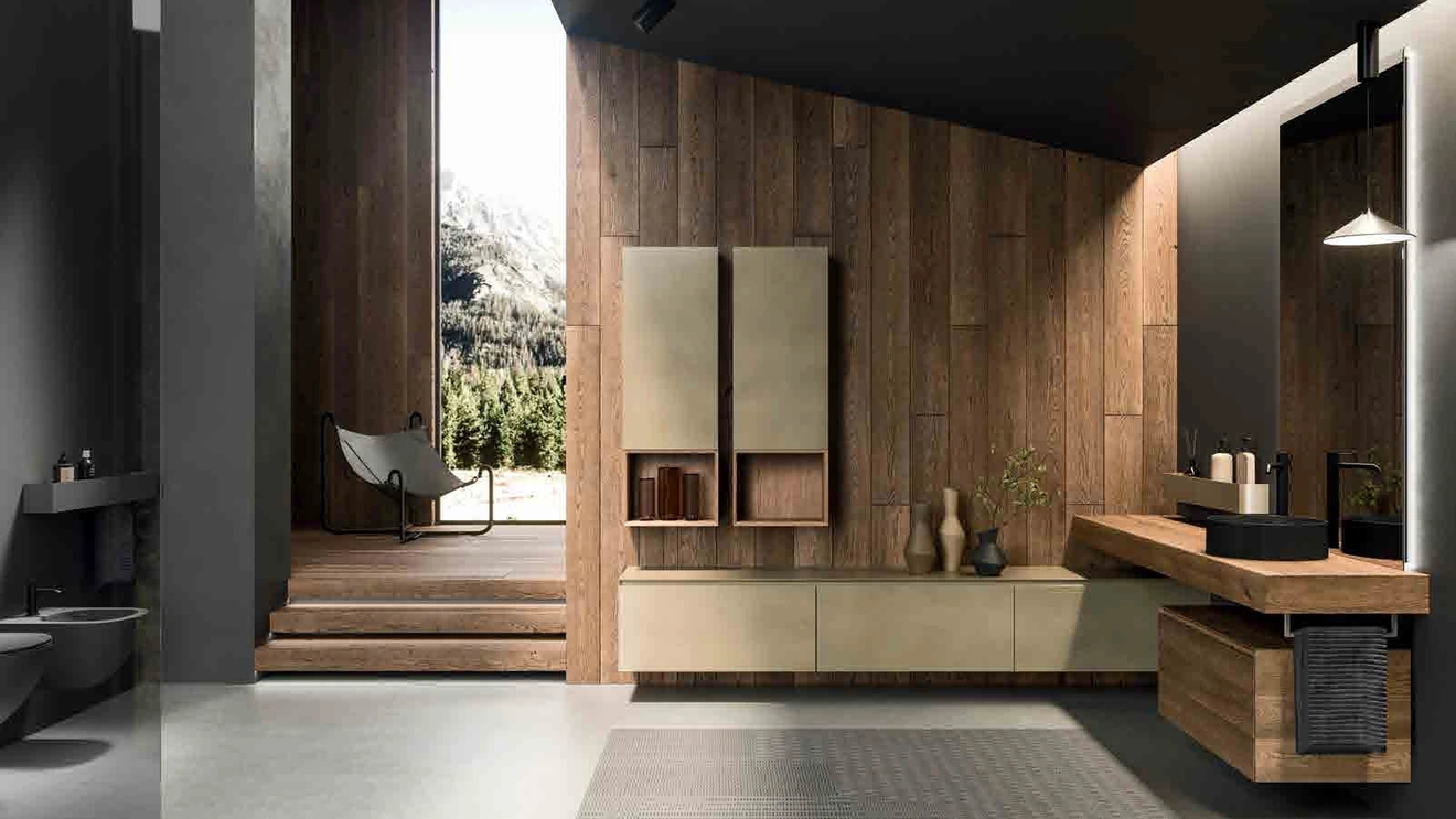 Mobile da Bagno sospeso 360Gradi_Concept_03 in legno e laccato ossidato di Altamarea