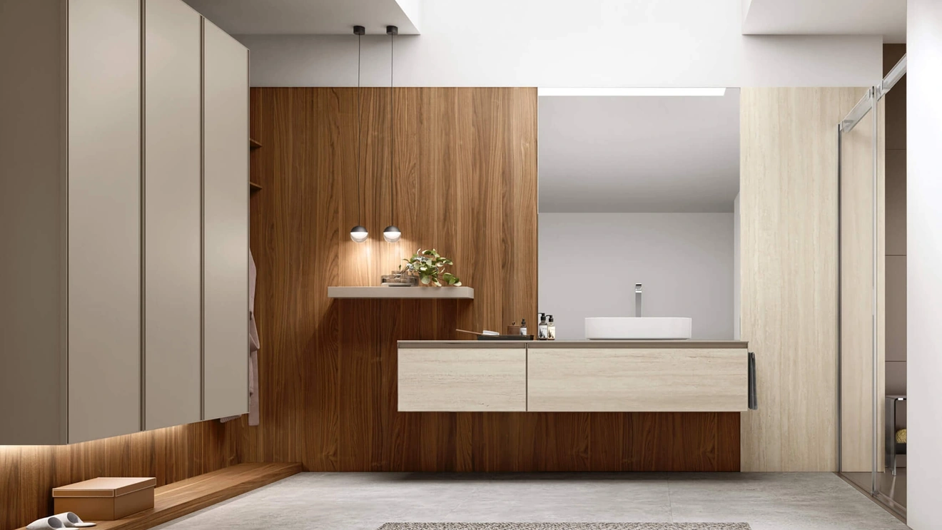 Mobile da Bagno sospeso Shape 18 in laminam travertino di Arcom