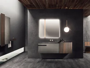 Mobile bagno sospeso in rovere terra dogato e in laccato ossidato con top in gres porcellanato Lympha di Altamarea