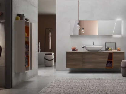 Mobile da Bagno sospeso in Olmo marrone con vano a giorno laccato Mattone opaco E-Ly 77 di Arcom
