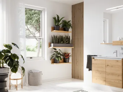 Mobile da Bagno sospeso in listoni di parquet e top con lavabo integrato in pietra 360Gradi 02 di Altamarea