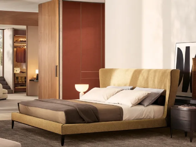 Letto in pelle Nabuk intrecciata e base in rovere con testiera Kelly di Poliform