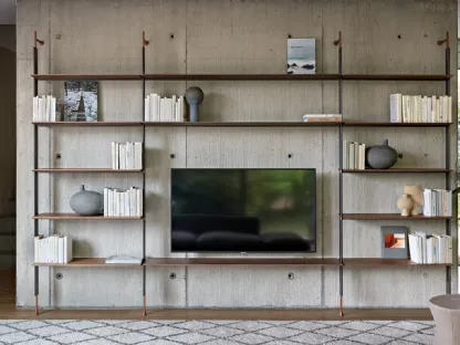 Grande libreria sospesa da parete con struttura in vetro molato, metallo  laccato e mobili contenitori in legno - Asta Design Lab - Cambi Casa d'Aste