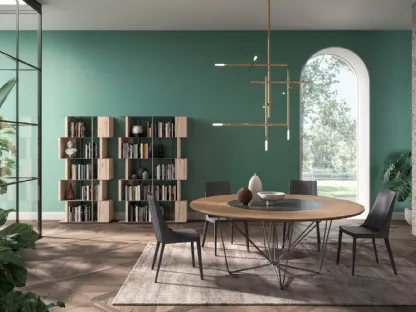 Tavolo rotondo in rovere con vassoio girevole in ceramica incassato nel piano e base in tondino di metallo Grant di Ozzio