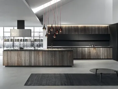 Cucina Design lineare in abete tabacco con top in acciaio vintage Ak 05 TailorMade 02 di Arrital