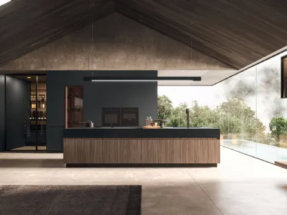 Cucina Design lineare in melaminico termostrutturato sabbiato Noce e top in Fenix nero Ak Project 05 di Arrital
