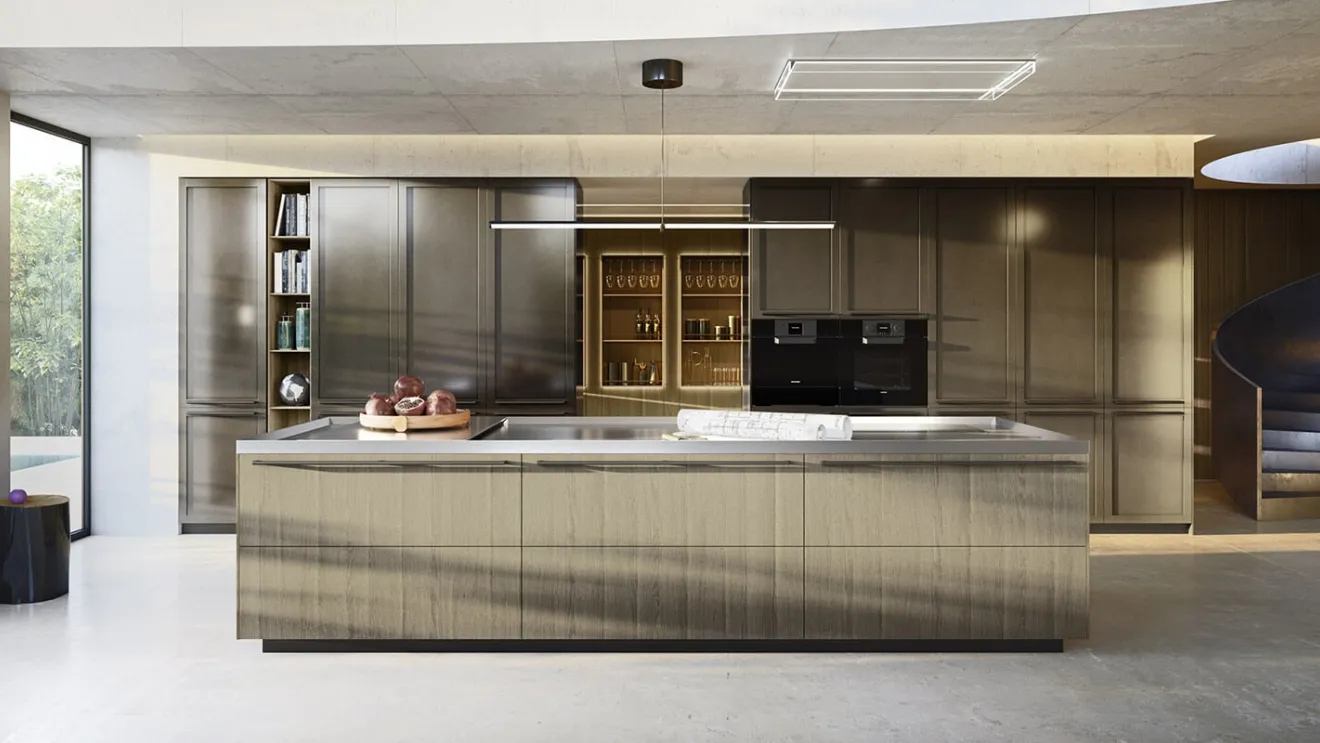 Cucina Design con isola Ak Project 09 in rovere, acciaio e bronzo di Arrital