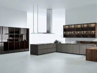Cucina Design angolare in Fenix Bronzo con bancone in impiallacciato Noce Canaletto AkB 08 03 di Arrital