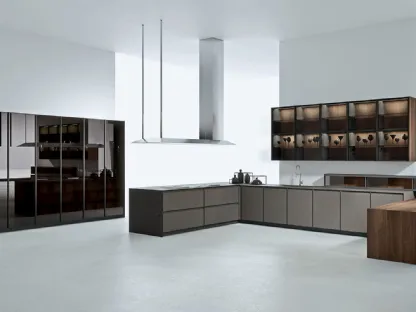 Cucina Design angolare in Fenix Bronzo con bancone in impiallacciato Noce Canaletto AkB 08 03 di Arrital
