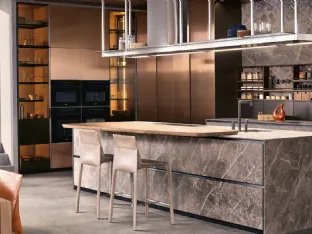 Cucina Design con isola Alea Pro 01 in MDI stone brown con piano snack in noce massello canaletto di Poliform