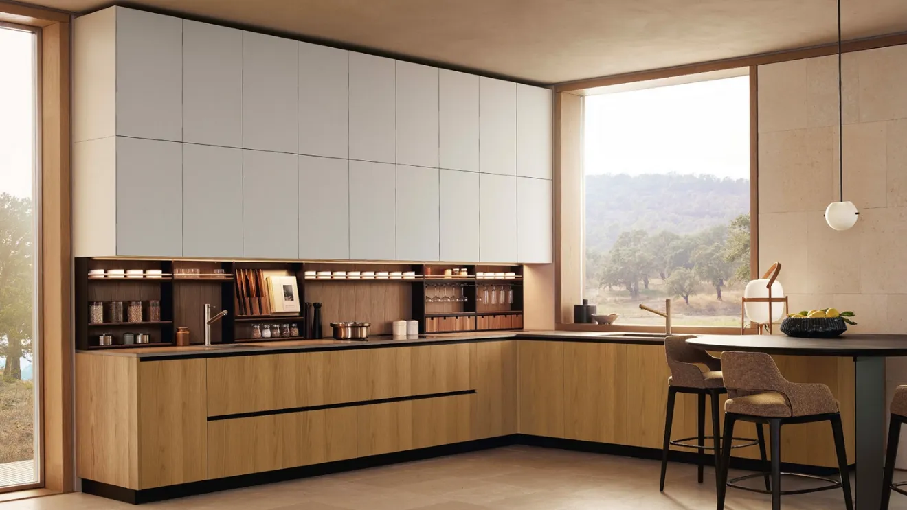 Cucina Design ad angolo Alea Pro 03 in rovere gold con top in laminato di Poliform