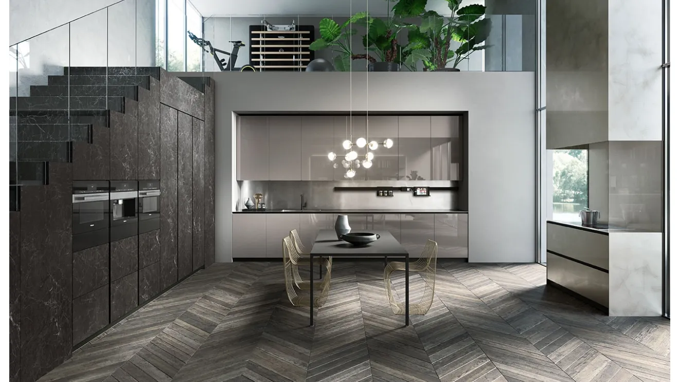 Cucina Design angolare Ak 04 02 in vetro lucido Grigio Londra e Laminam di Arrital