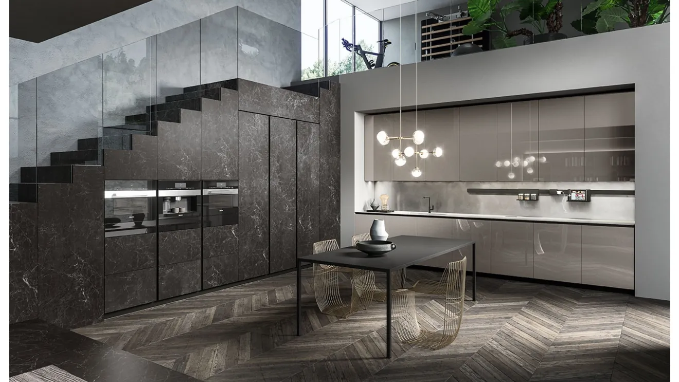 Cucina Design angolare Ak 04 02 in vetro lucido Grigio Londra e Laminam di Arrital