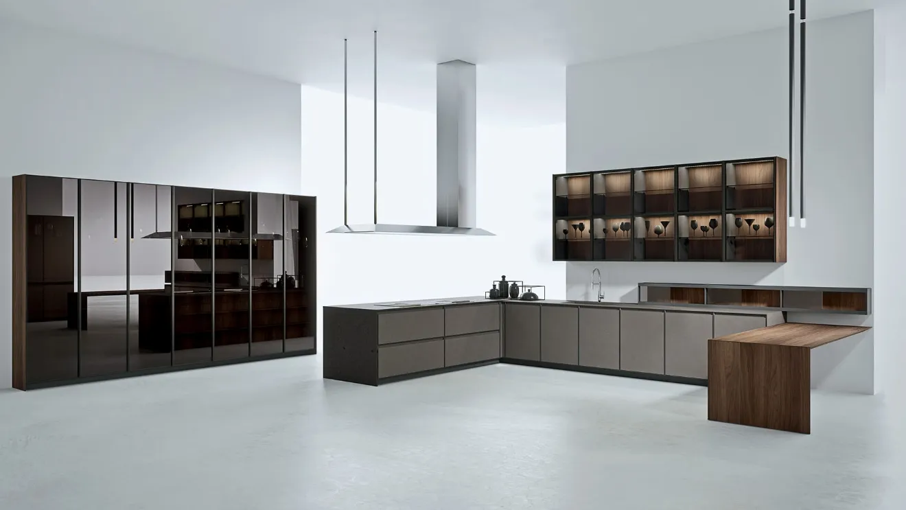 Cucina Design con penisola AkB 08 04 in Fenix Bronzo e Noce Canaletto di Arrital