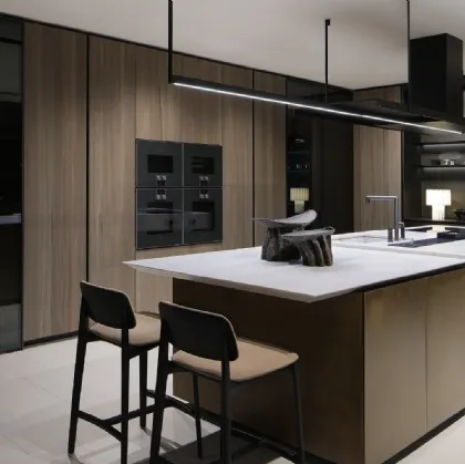 Cucina Design con isola Artex Pro in Olmo Fossile e laccato metallizzato di Poliform