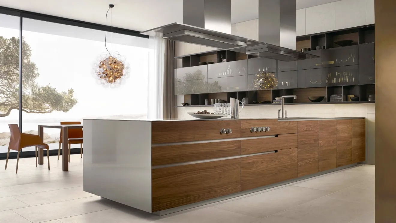 Cucina Design lineare Phoenix 02 in massello noce canaletto e top in acciaio di Poliform