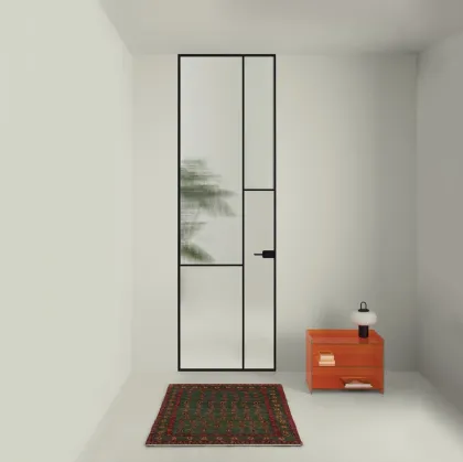 Porta per interni a filo muro Sherazade Swing Plain Patchwork in vetro con telaio in alluminio di Glas Italia